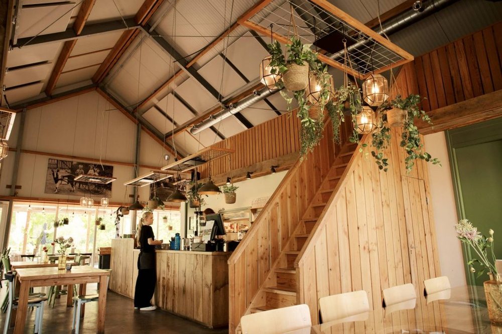 Het restaurant van Hoeve Wielrevelt: houten balken, open keuken en de bar
