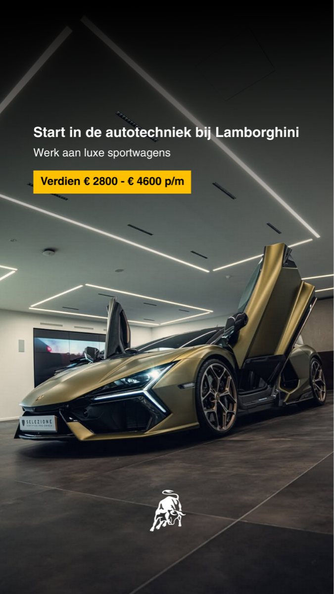 Advertentie B, storyformaat: gouden Lamborghini Revuelto in de showroom