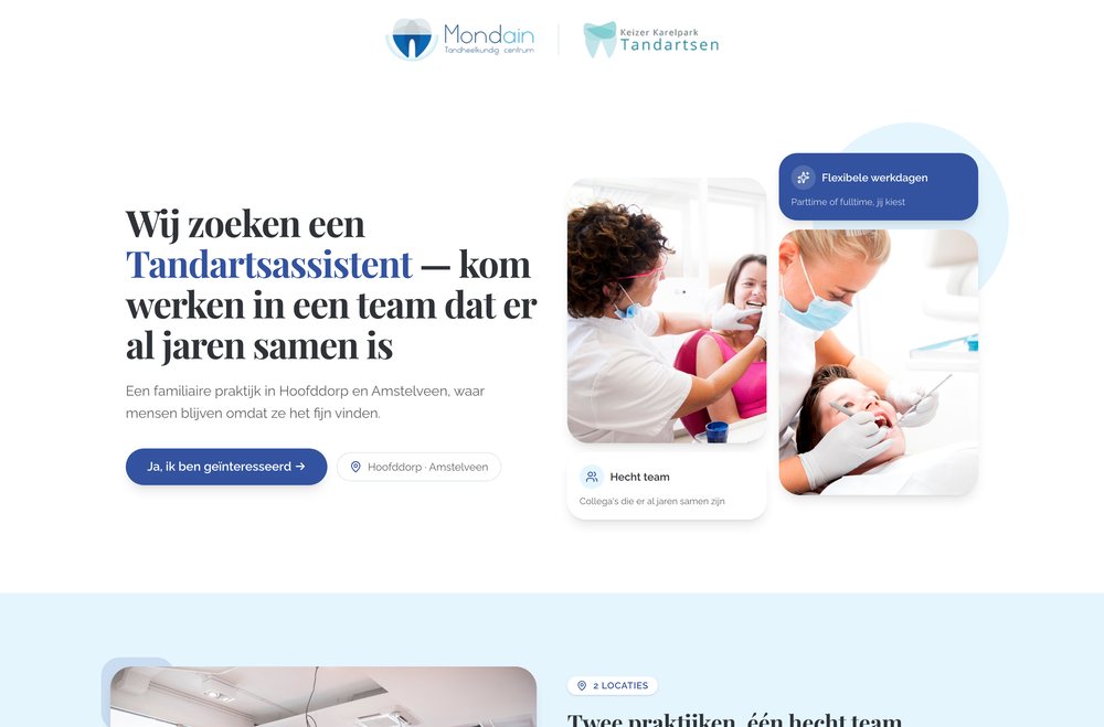 Vacaturepagina tandartsassistent voor Hoofddorp en Amstelveen, met foto's uit beide praktijken